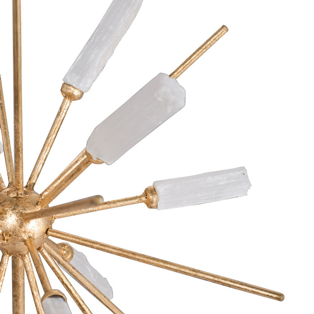 Starburst Sculpture on Black Stand Base | White Stones | Gold Metal Rods | 23"