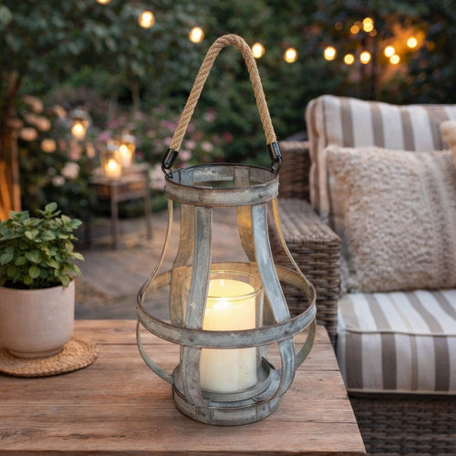 Glass Hurricane Candle Holder Lantern | Rope Handle | 12" Gray