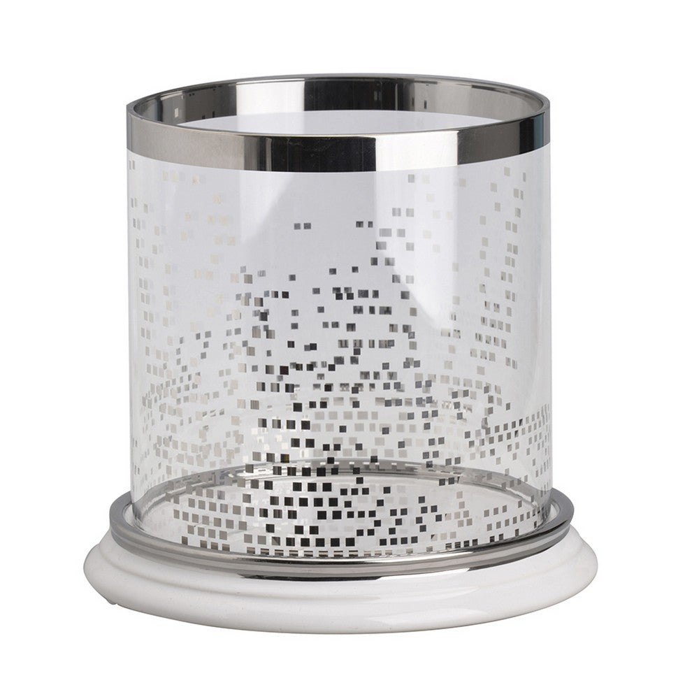 Gsy Decorative Candle Holder | Silver & White Patchwork | 7" Glass