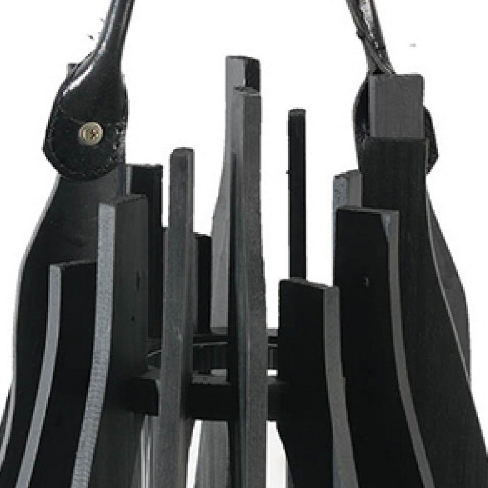 Decorative Lantern | Sculptural Shape & Leather Handle | Black Wood 16"