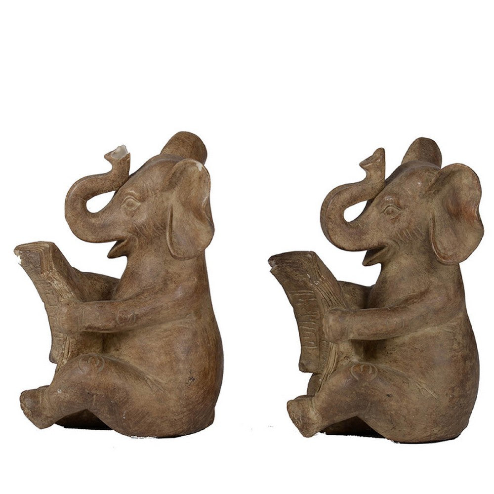 Accent Bookends Set of 2 | Reading Elephants | Antique Brown | 9"