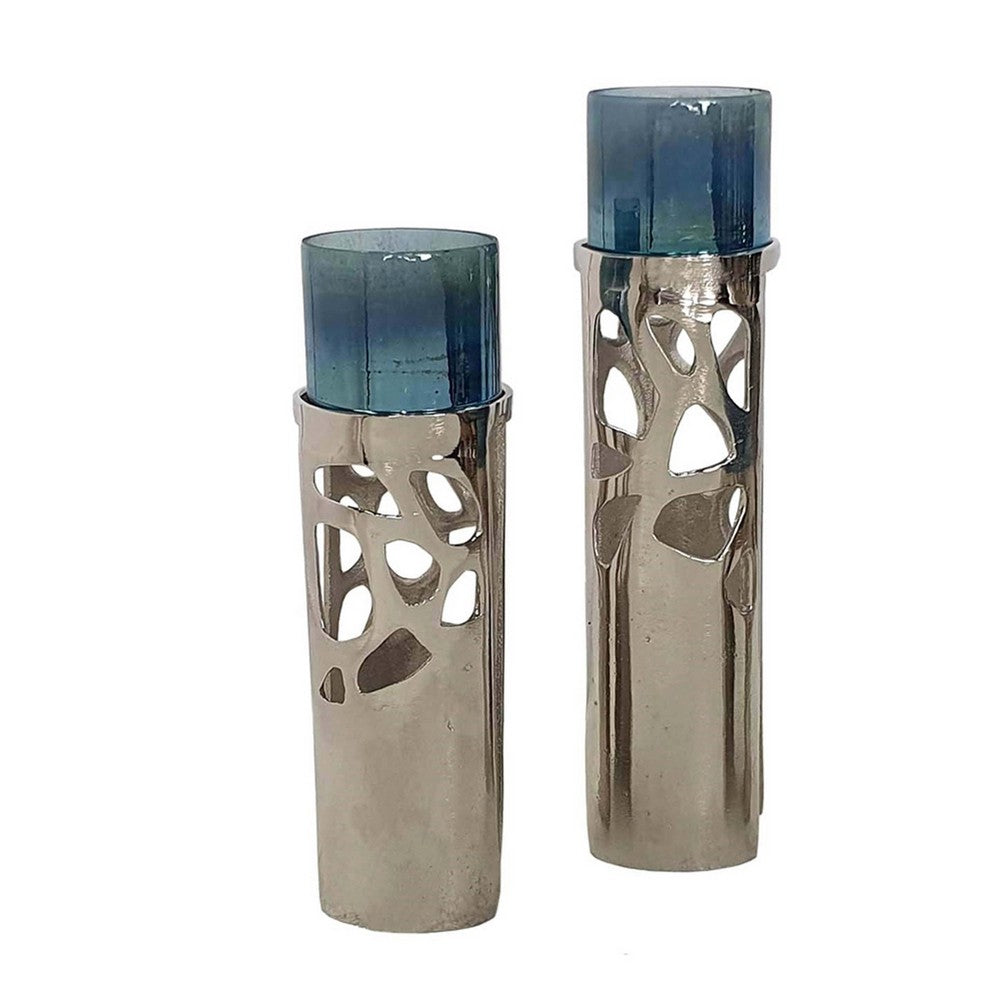Votive Candle Holder Set of 3 | Silver Aluminum Stand | Ocean Blue Glass