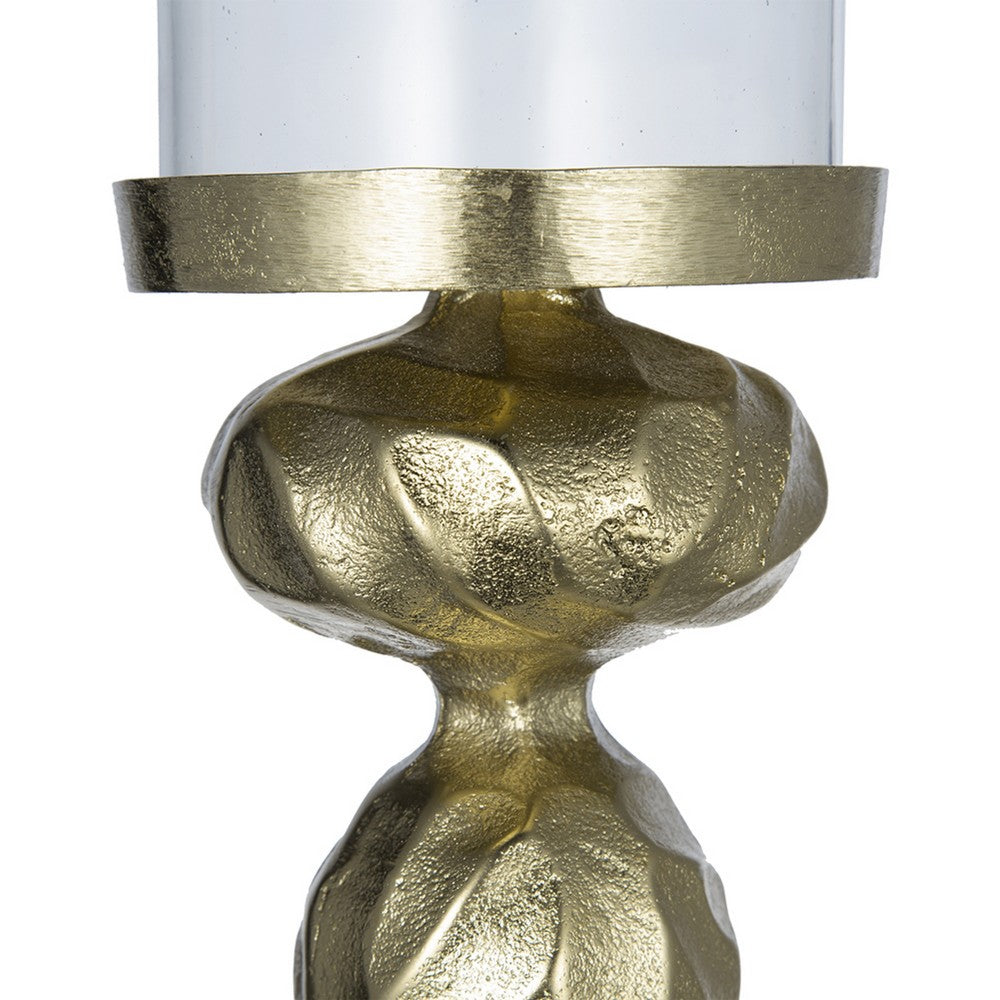 Hurricane Candle Holder | White Marble Base | 14" Turned Gold Accent
