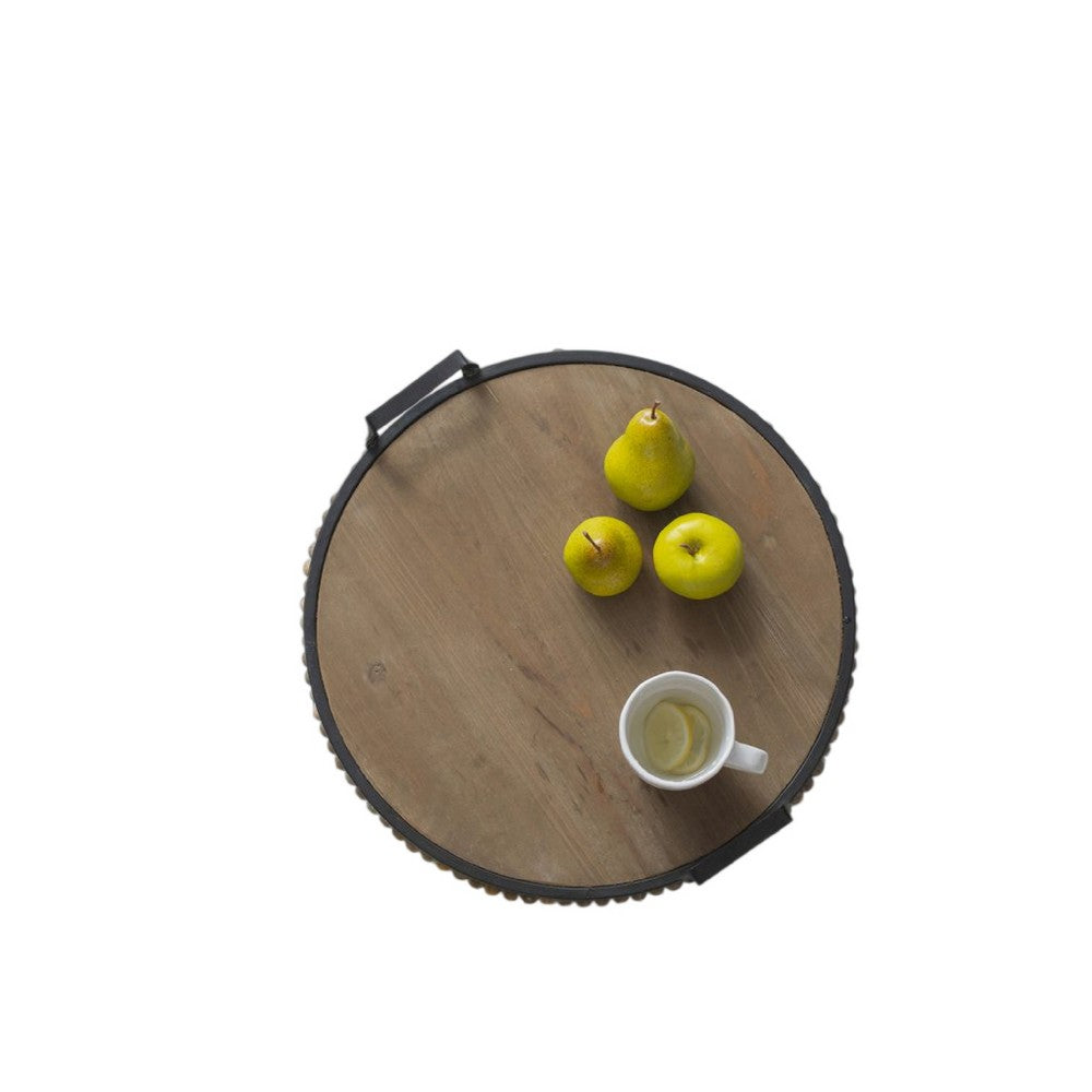 Liy 18" Round Serving Tray | Beaded Brown Fir Wood | Metal Handles