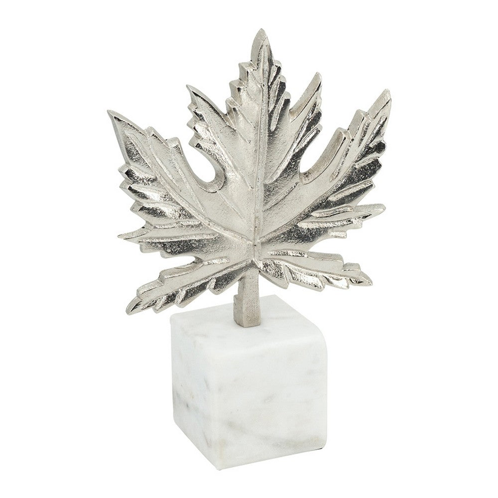 Decorative Maple Leaf Sculpture | 11" Silver Aluminum | White Marble