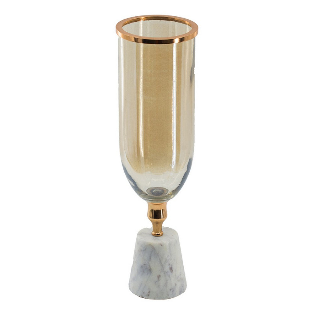 Kylie Decorative Vase w White Marble Base | Aluminum | Gold Glass 19"