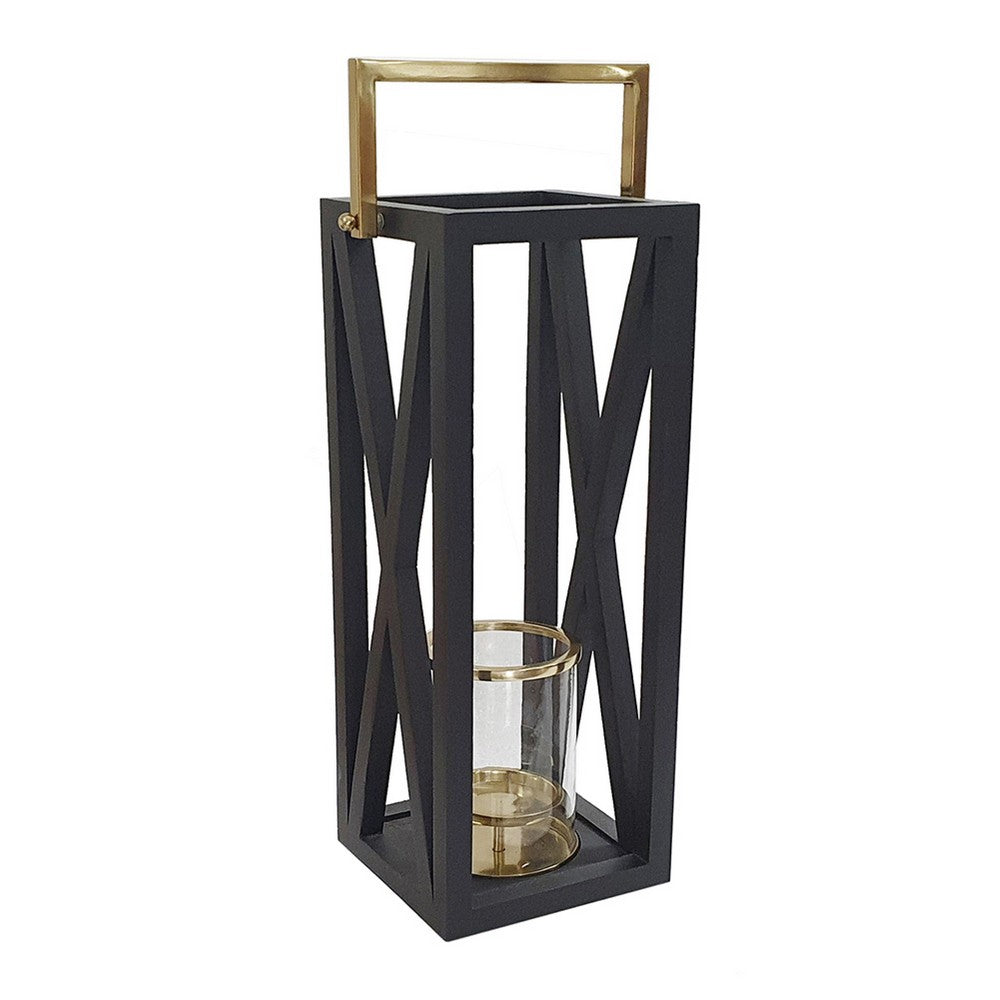 Xoro Lantern | Gold Aluminum | Farmhouse Side Panel | Black Mango Wood 25"