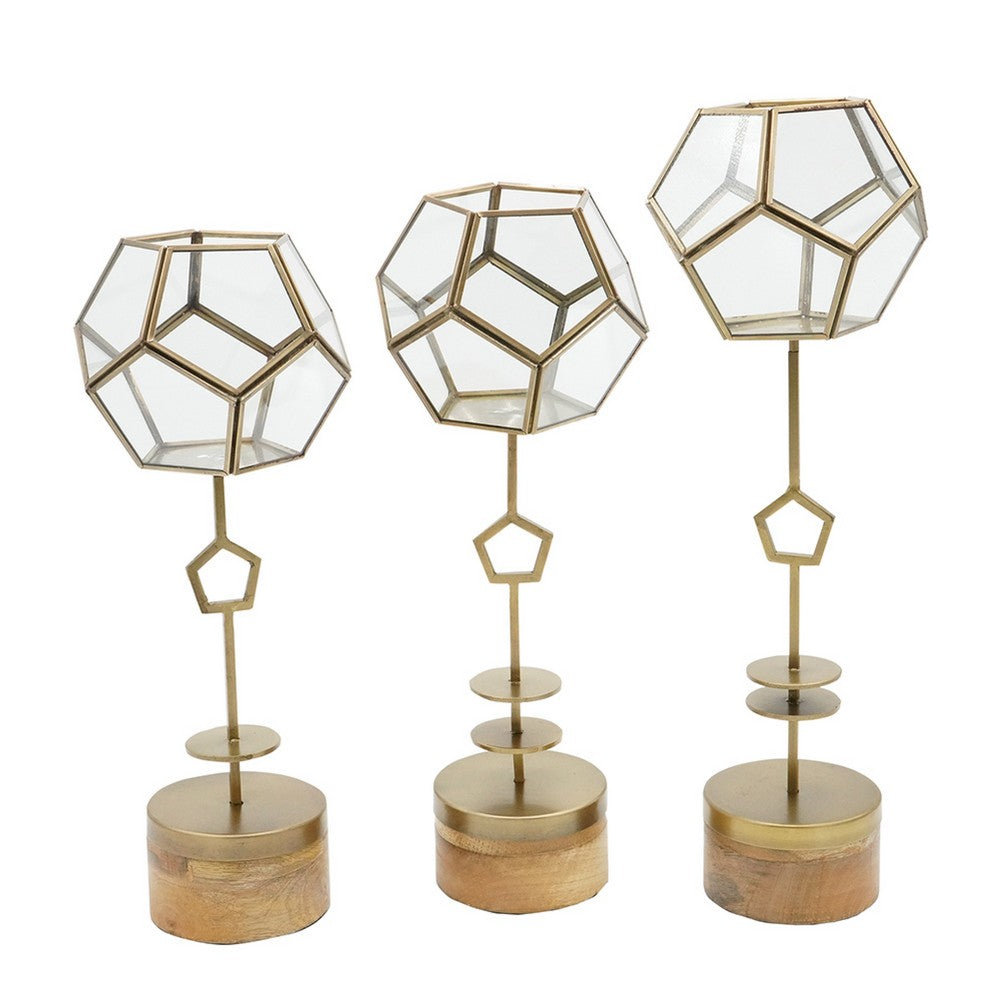 Suzie Jada Terrarium Lantern Set of 3 | Bronze Iron | Mango Wood 15 17 19"