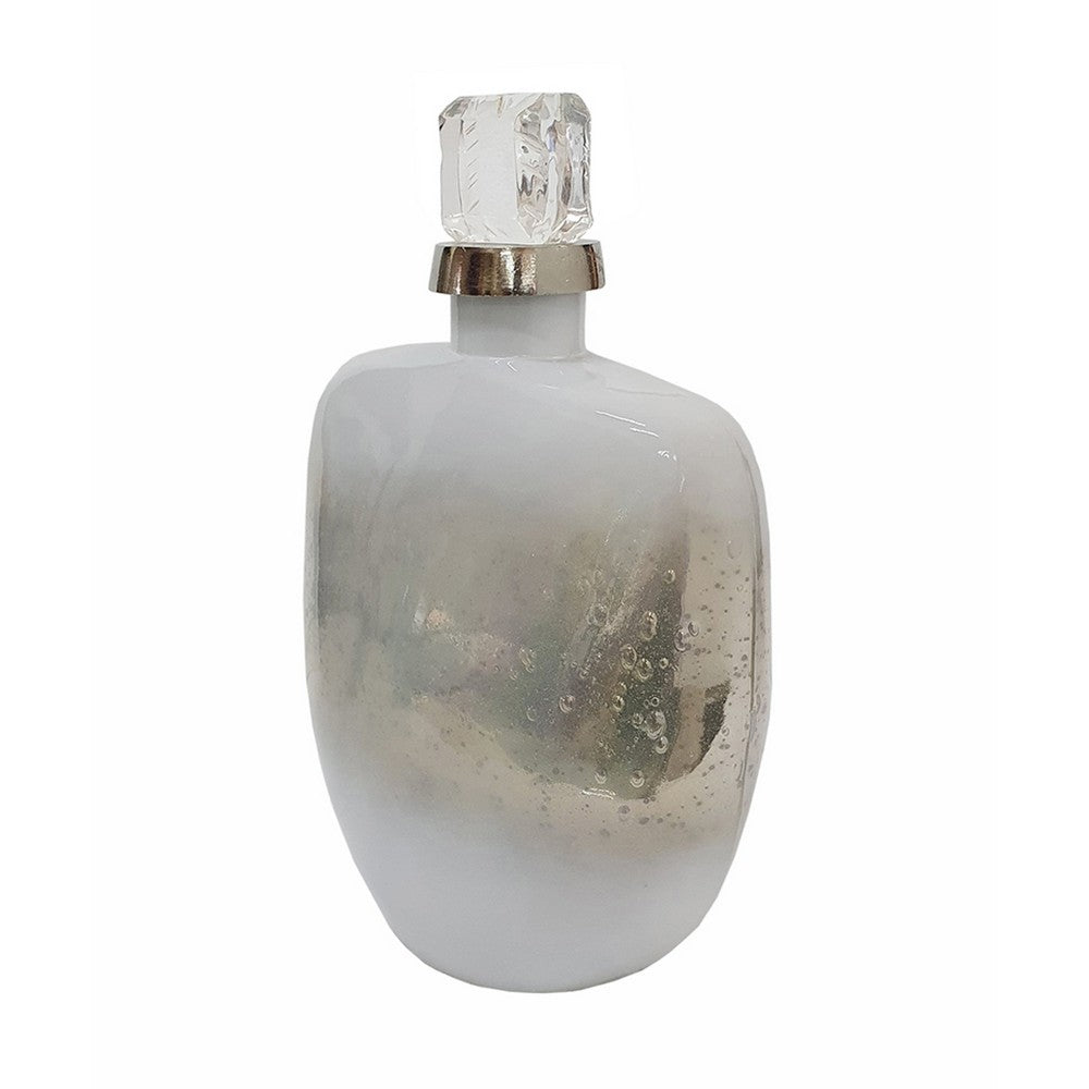 Akky Decorative Bottle w Lid | Aluminum Collar Silver-White Glass 13"