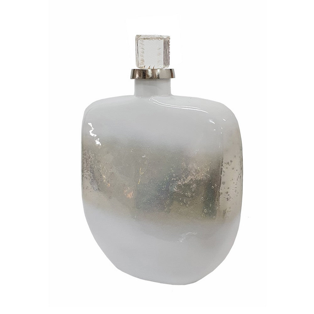 Akky Decorative Bottle w Lid | Aluminum Collar Silver-White Glass 16"