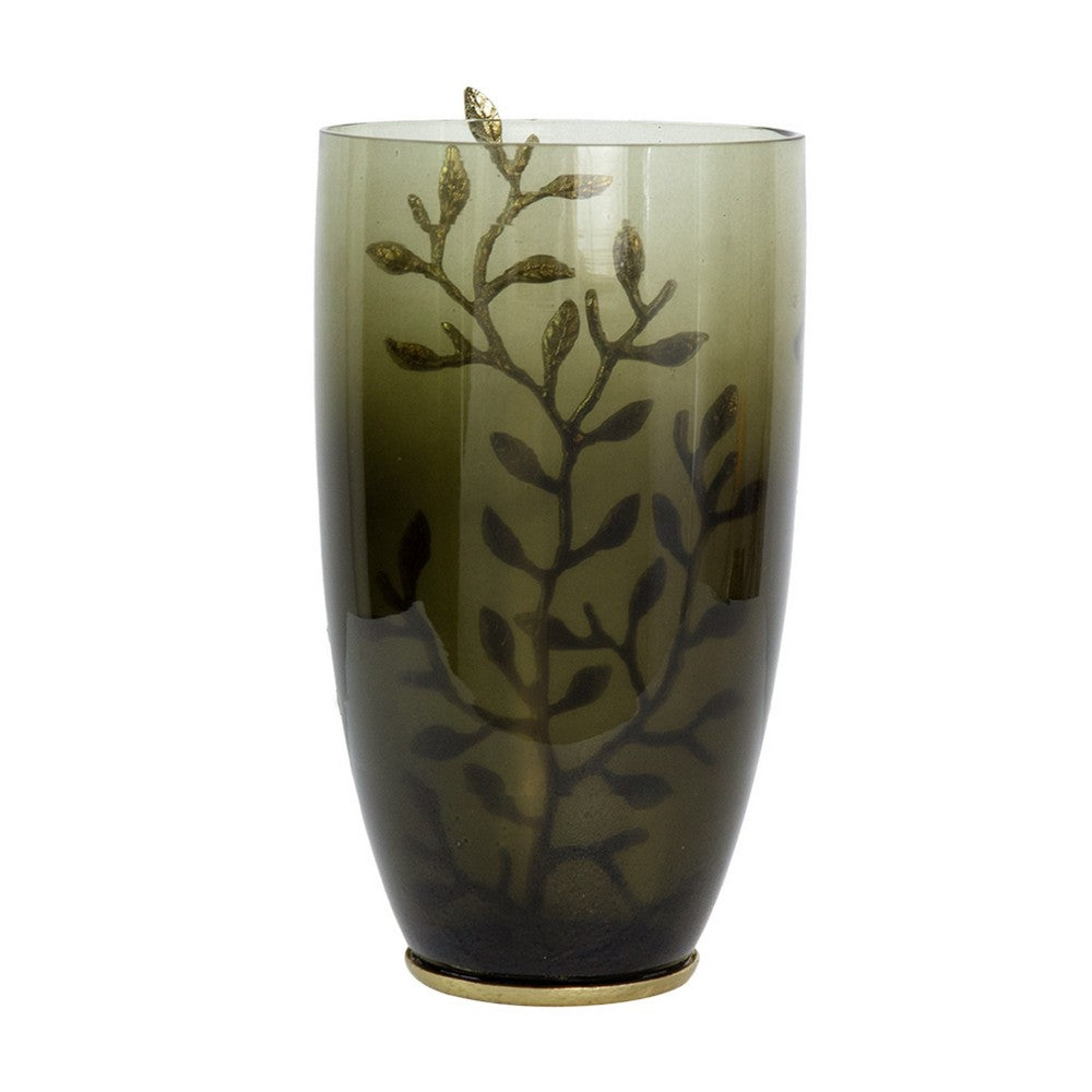 Keath Small Vase w Gold Capri Leaf Design | Brass | Green Glass 11"