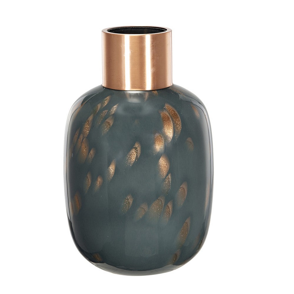 Celina Round Vase | Copper Fleck Details | Iron Neck Blue Glass | 17"