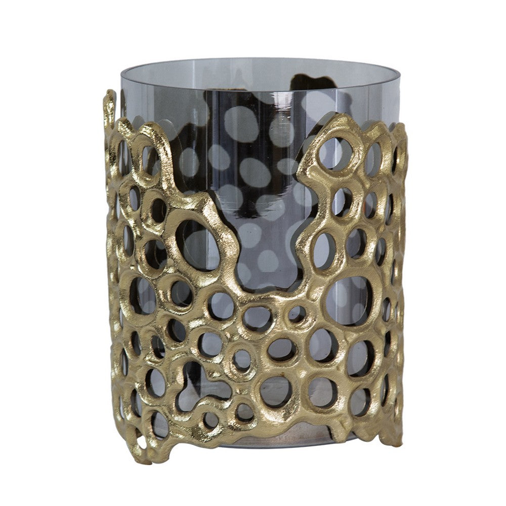 Brian Candle Holder | Honey Comb Gold Frame | Black Glass 11"