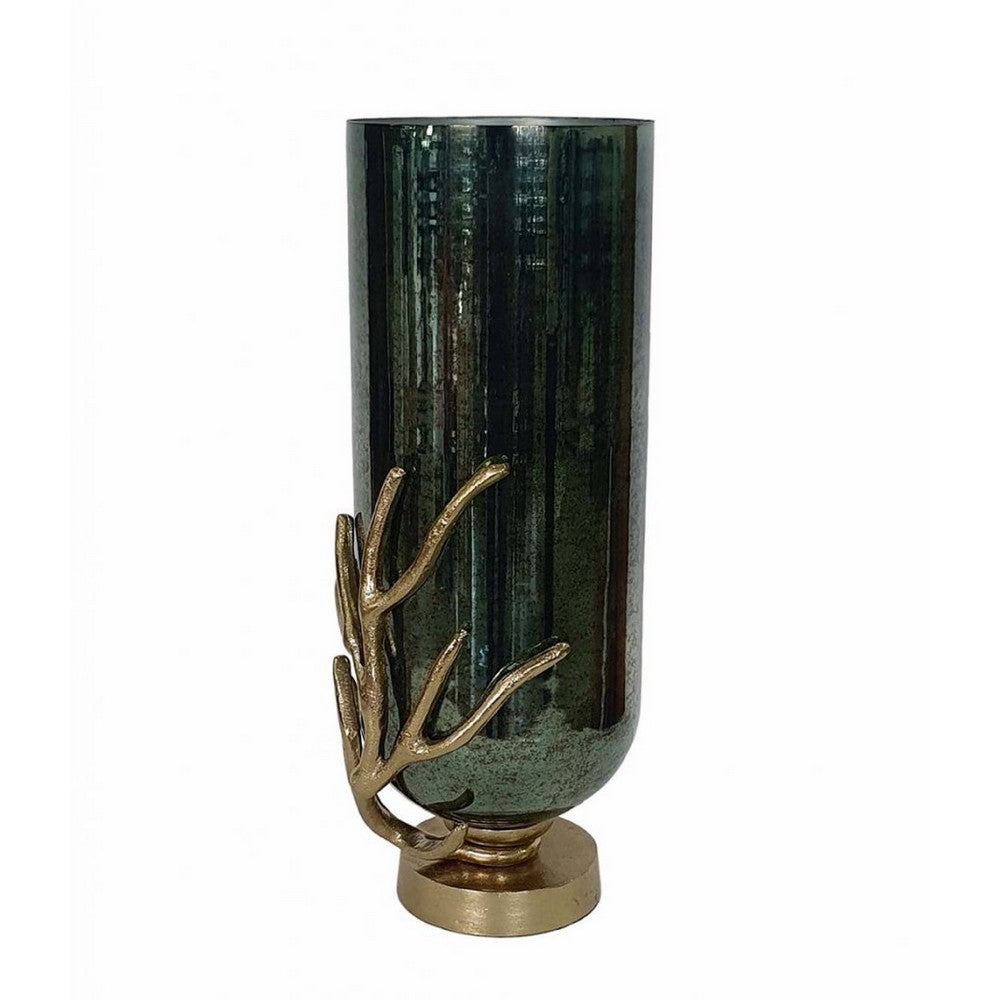 Jenise Large Vase w Gold Aluminum Leaf Accent | Silver-Black Glass 17"