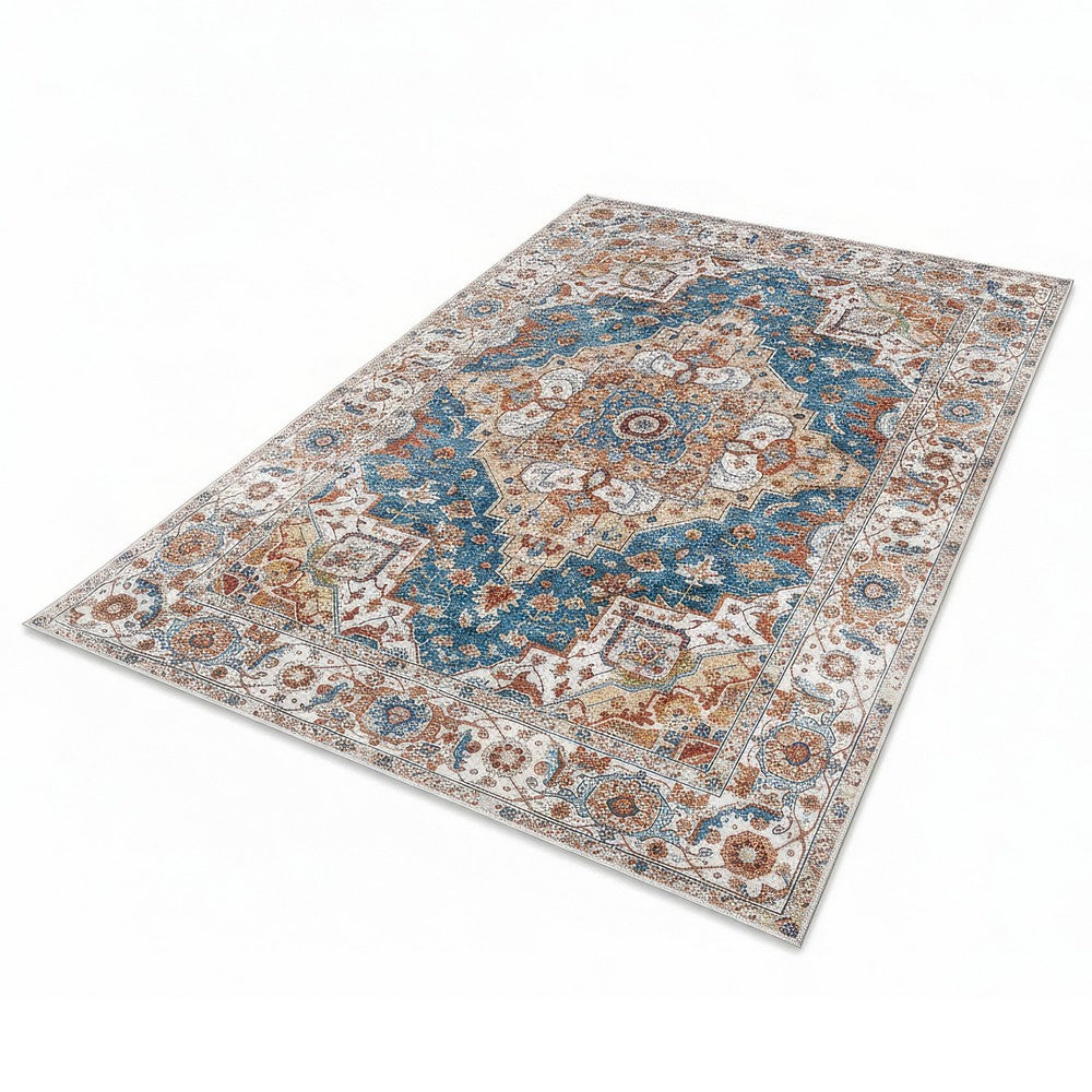 5x7 Medium Area Rug | Vintage Blue Yellow Persian Floral Pattern
