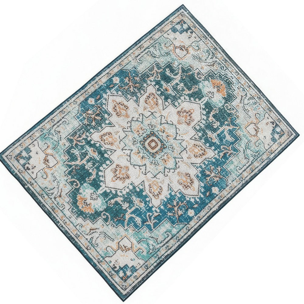 5x7 Retro Medium Area Rug | Beige Blue Vintage Persian Floral Pattern