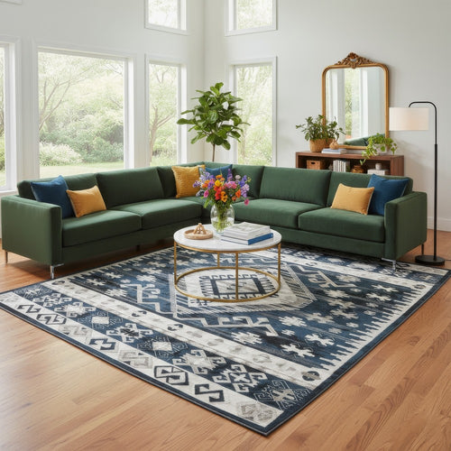 Jena 8x10 Extra Large Area Rug | Persian Geometric Design | Black Blue