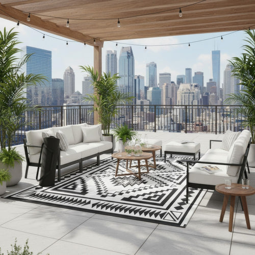 Lema 9x18 Ultra Large Area Outdoor Rug with Carrying Bag | Black & White