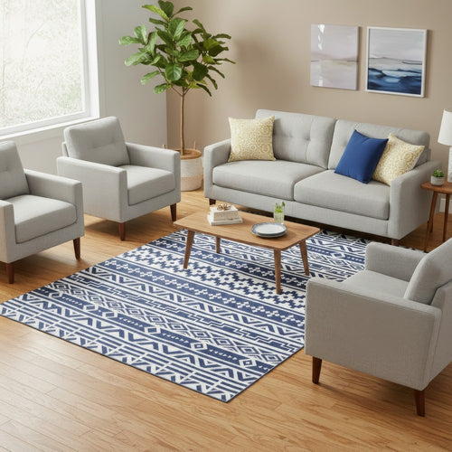 Mez 6x9 Medium Area Outdoor Rug | White Blue Geometric, Picnic Rug in Bag