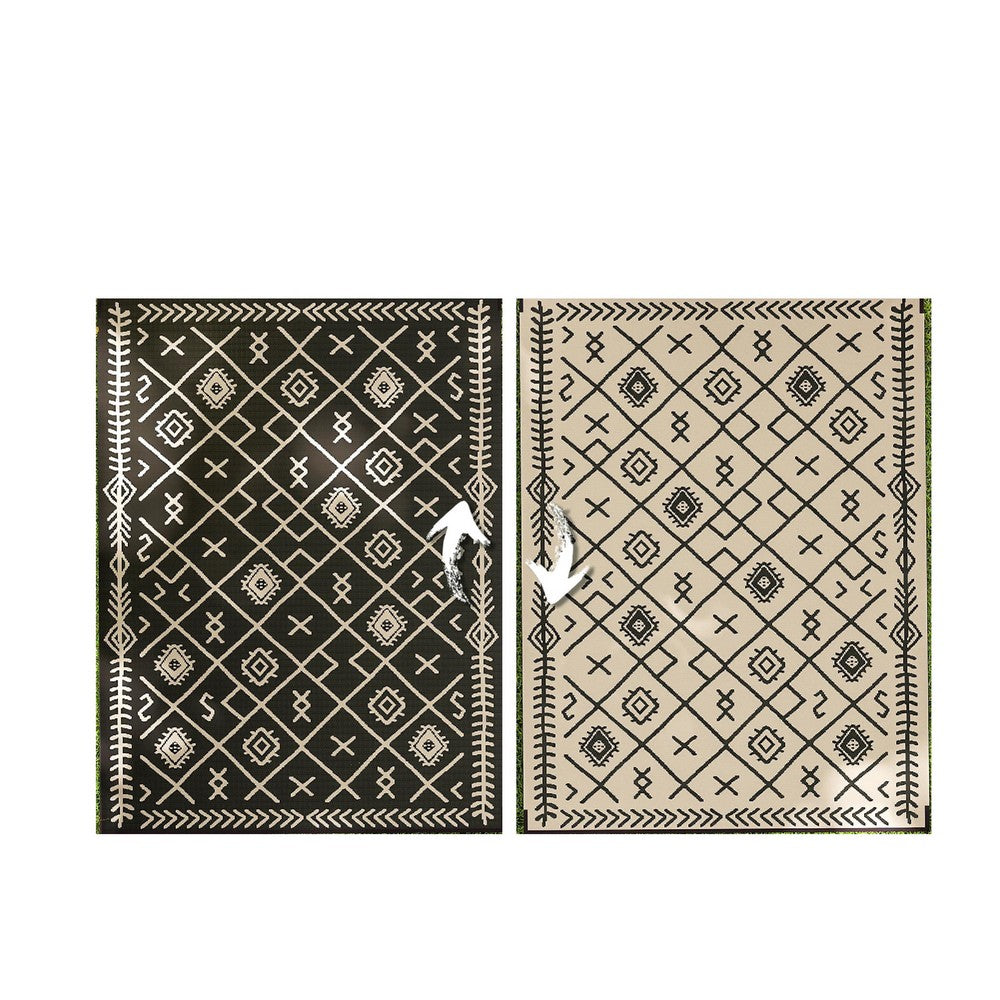 Kexy 9x12 Large Area Outdoor Rug with Carrying Bag | Beige Black Geometric