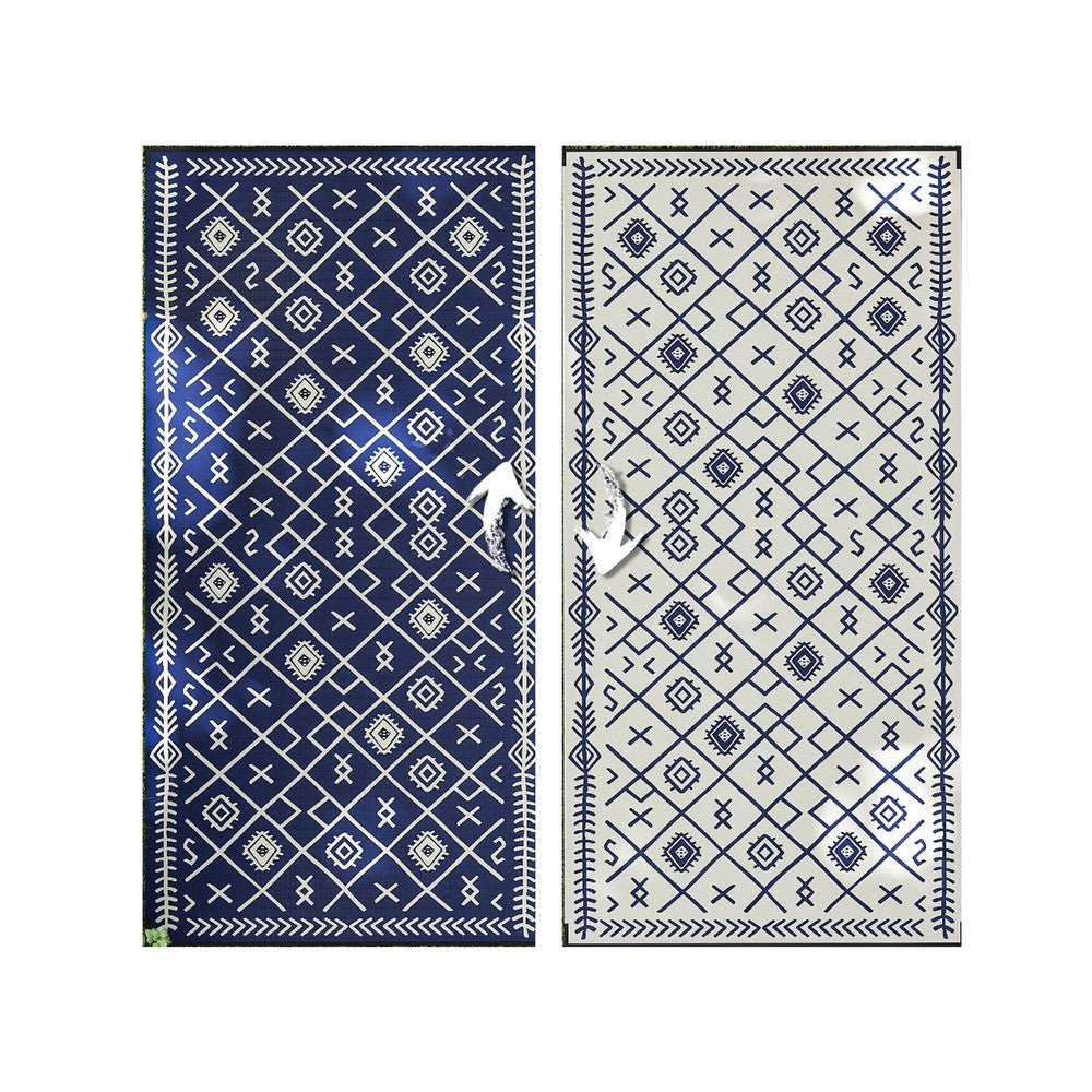 Kexy 9x18 Ultra Large Outdoor Rug with Carrying Bag | Blue White Geometric