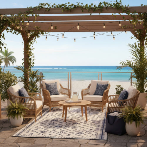 Kexy 9x18 Ultra Large Outdoor Rug with Carrying Bag | Blue White Geometric