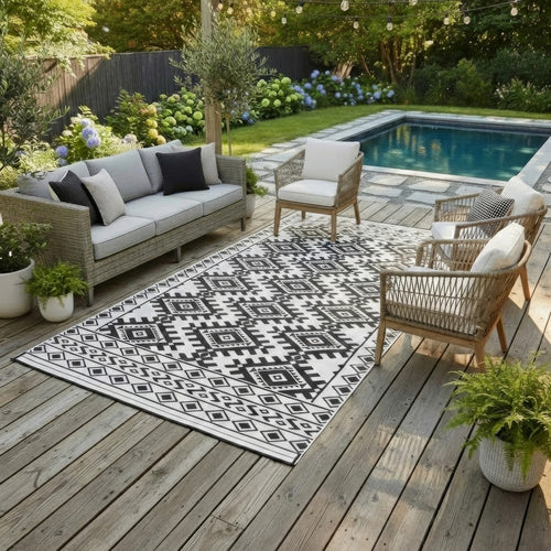 Elyz XL Outdoor Area Rug | Black & White Tribal Design | 9x18 Waterproof