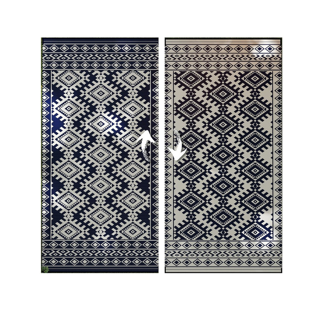 Elyz XL Outdoor Area Rug | Blue & White Tribal Design | 9x18 Weatherproof
