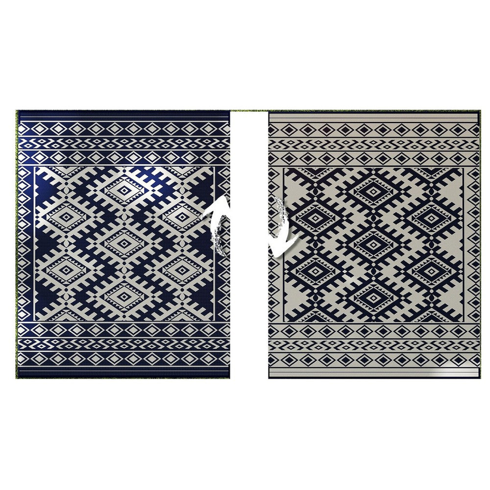 Elyz Large Outdoor Area Rug | Blue White Tribal Design | 8x10 Weatherproof