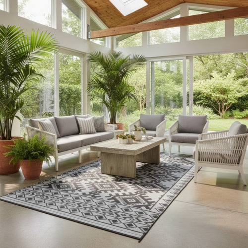 Elyz XL Outdoor Area Rug | Gray & White Tribal Design | 9x18 Waterproof