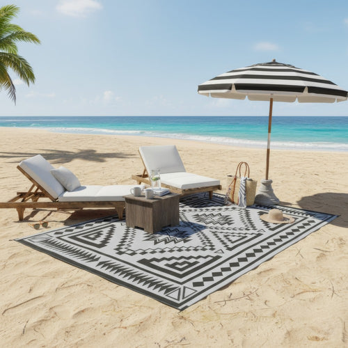 Outdoor Area Rug | Black & White Patchwork | Giant 9x18 Beach Rug Straw