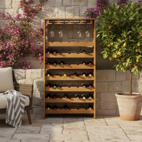 Sana Wine Rack | 7 Tiers with 4 Holders & Stemware | Oak Brown 48"