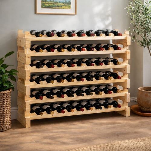 6 Tier Wine Rack | Modular 72-Bottle Holder | 45" Natural Brown Wood