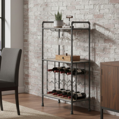 Coleen 3 Tier Wine Rack | Wood Shelves | Gray Industrial Metal Pipes 46"