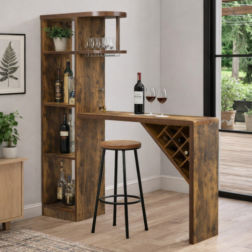 Bar Table with Wine Cabinet | 5 Shelves Stemware Rack | Rustic Brown 73"