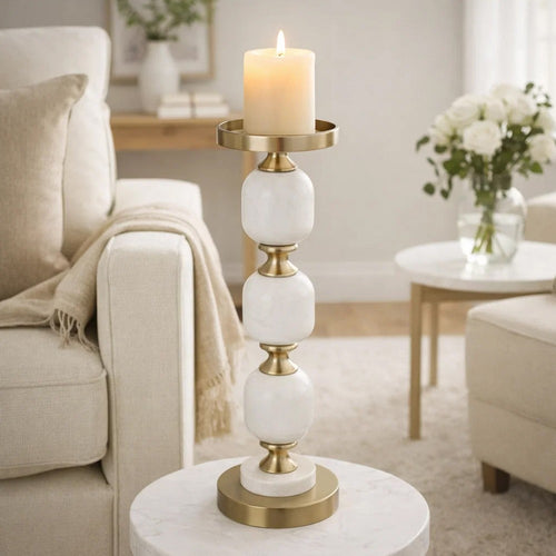 Kea Candle Holder |3 White Marble Ball Spheres w Gold Accent |15"