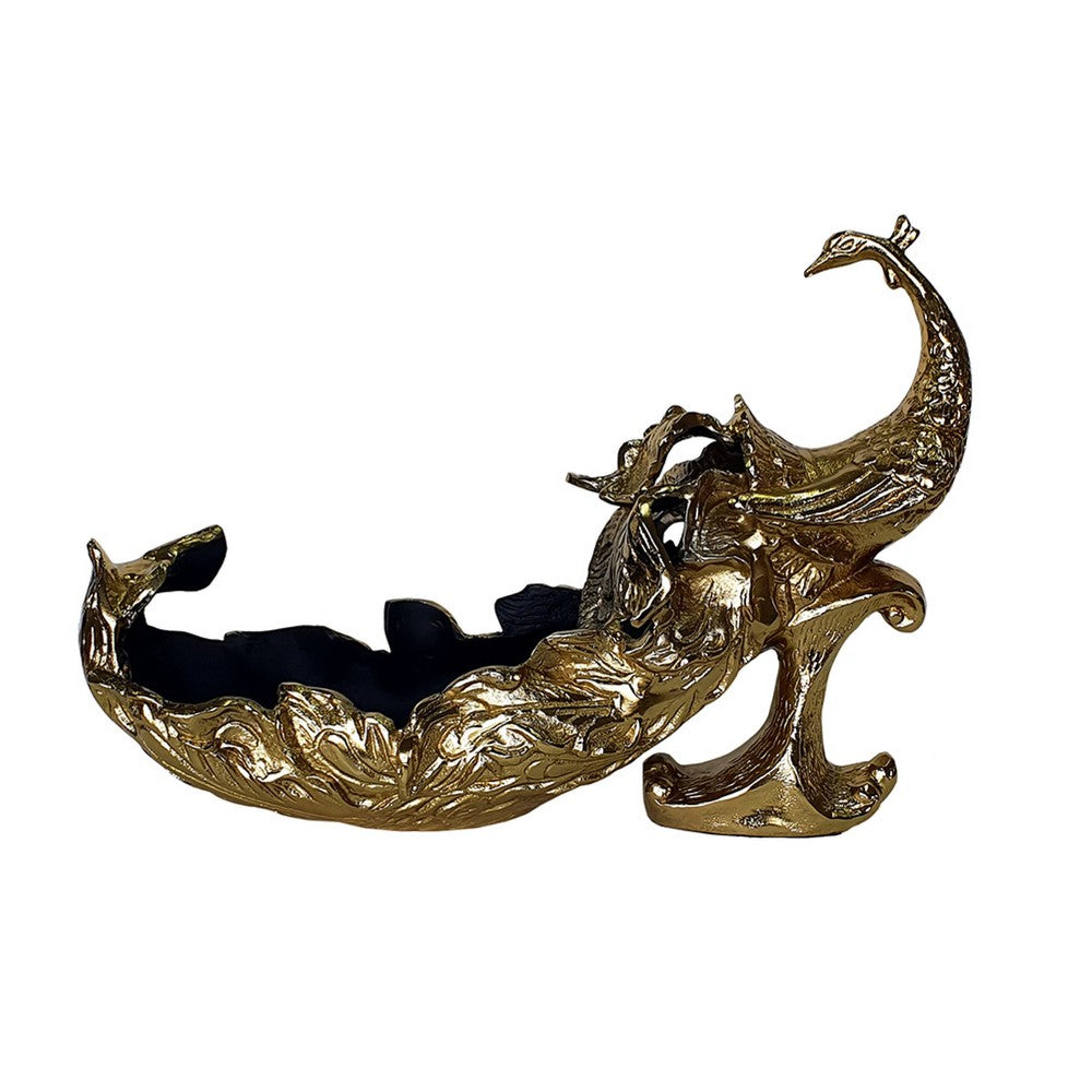 Tabletop Decor | Peacock Sculpture w Bowl Section | Gold and Black 23"