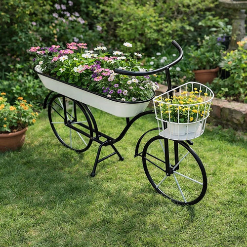 Indoor Outdoor Bicycle Plant Stand w Basket | White | 39" Black Iron