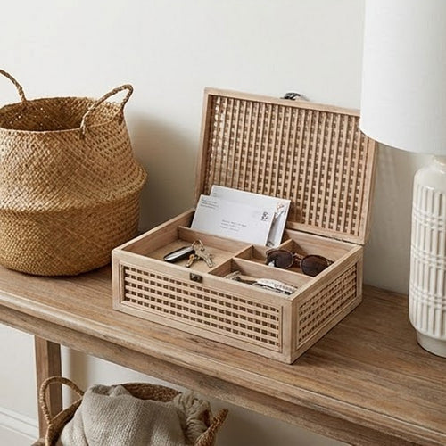 Alvin Decorative Storage Box | Slatted Design | Brown Bamboo-Wood 19"