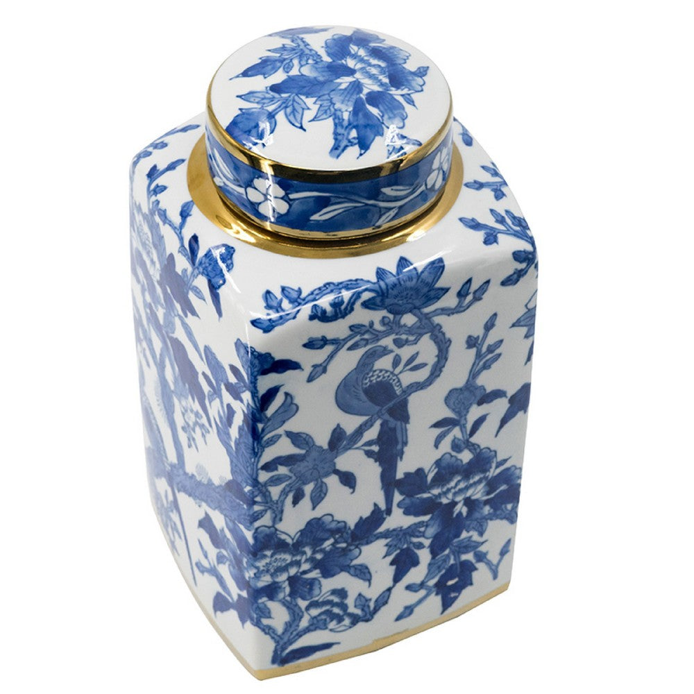 Maxon Lidded Jar | Bird-Floral Motifs | Golden Rim Blue-White Porcelain 13"