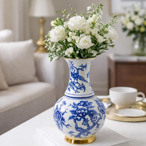 Wyatt Flower Vase | Floral Pattern Gold Rim White-Blue Porcelain 16"