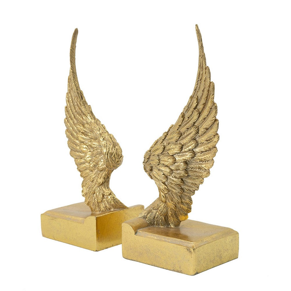 Paula 2pc Wing Bookends | Carved Feather Details | Gold Resin-Stone 9"