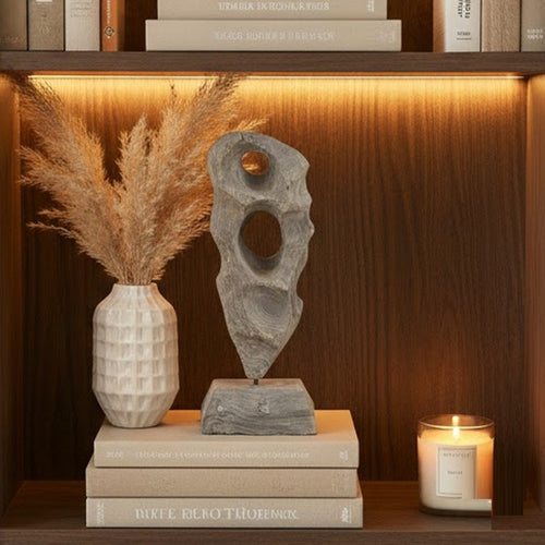 Naomi Sculptural Décor | Iron Rod | Carved Brown Paulownia Wood 26"