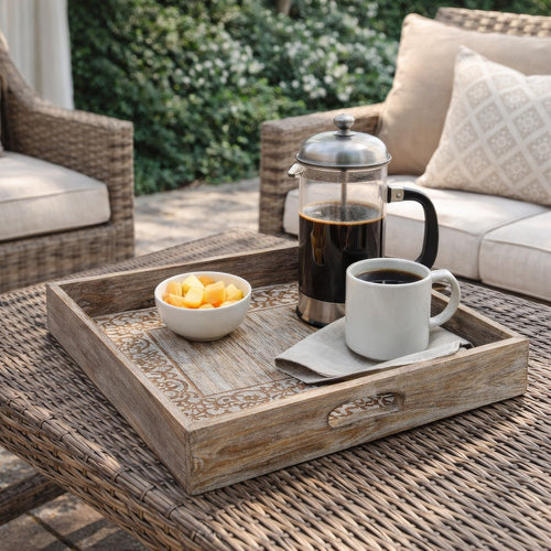 Owen Square Tray | Floral Carved Raised Edge Brown Mango Wood 16x16