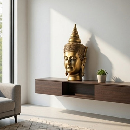 Pilu Buddha Head Sculpture | Meditative Tabletop Decor | 14" Bronze