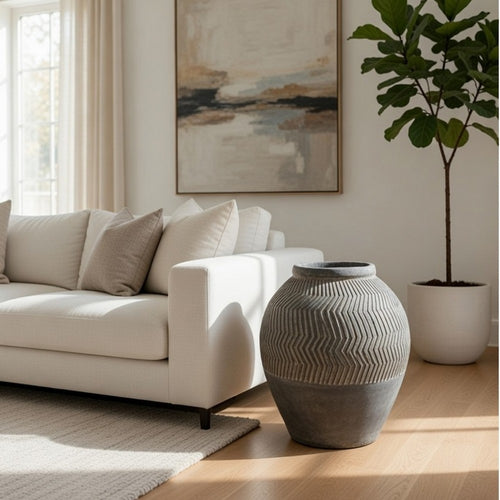 Decorative Pot | Chevron Pattern | Traditional Shape | Gray Cement 17"