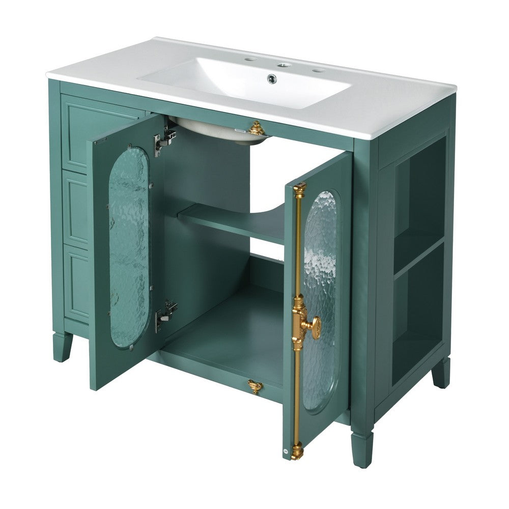 Dandy Bathroom Vanity with Glass Cabinet Doors | 3 Drawers | Green 36"
