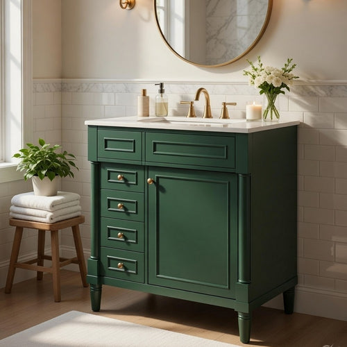 Xyra Freestanding Sink & Cabinet Vanity | Emerald Green Wood 30"