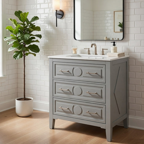 Solan Bathroom Vanity with Ceramic Sink | Chrome | Gray Solid Wood 30"