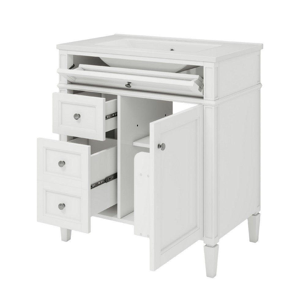 Asher Bathroom Vanity with Ceramic Sink | Smart Storage | White Wood 30"